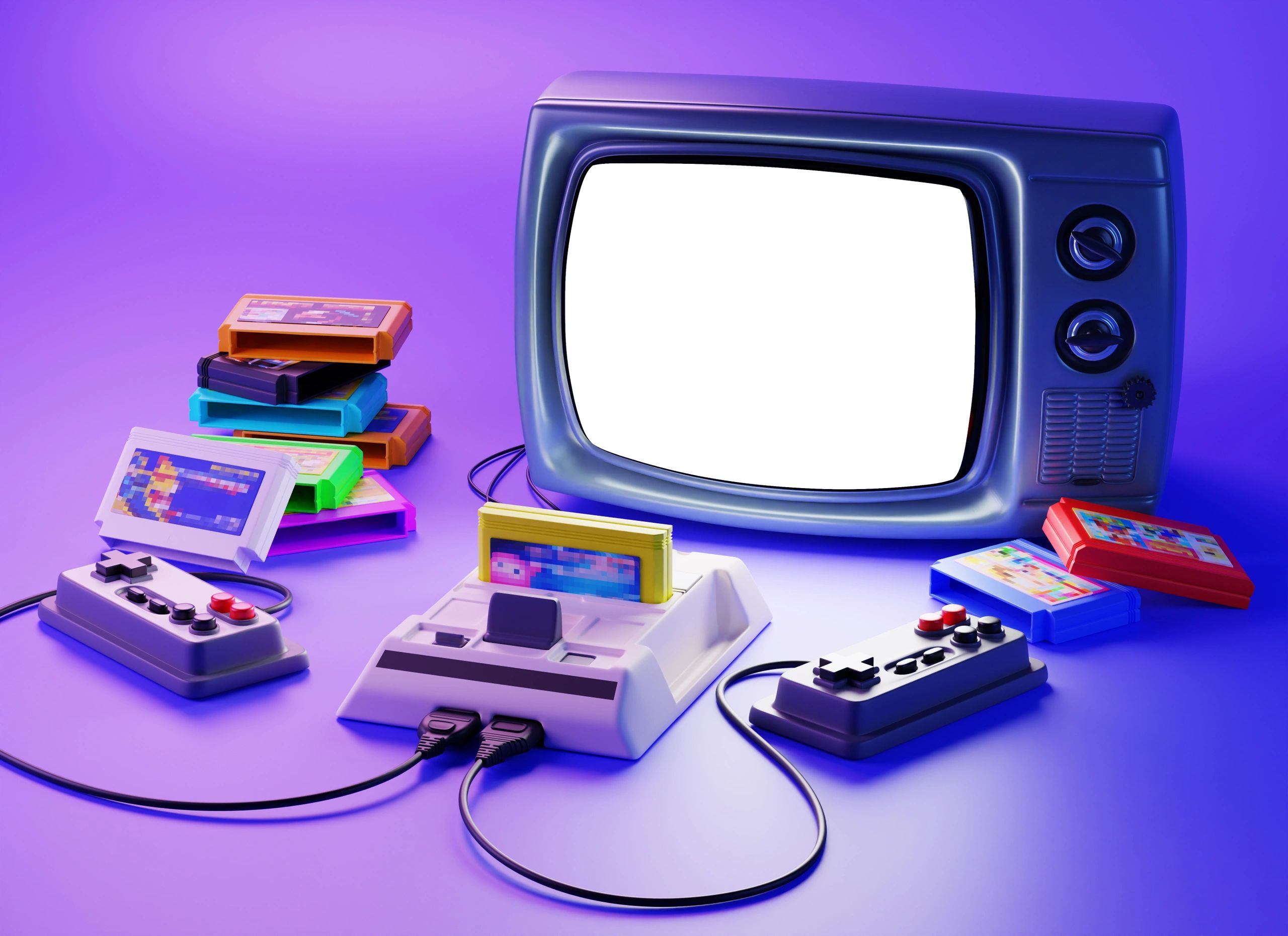 Retro gaming setup with classic handheld consoles and cartridges around an old TV.