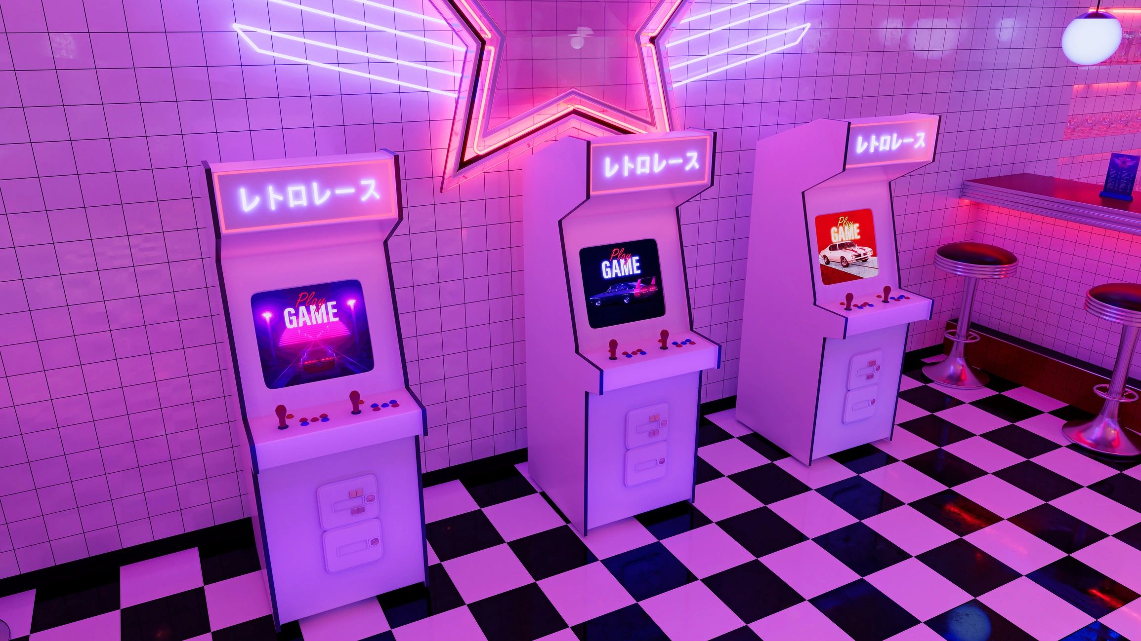 Retro arcade machines glowing under pink neon lights in a stylish room.