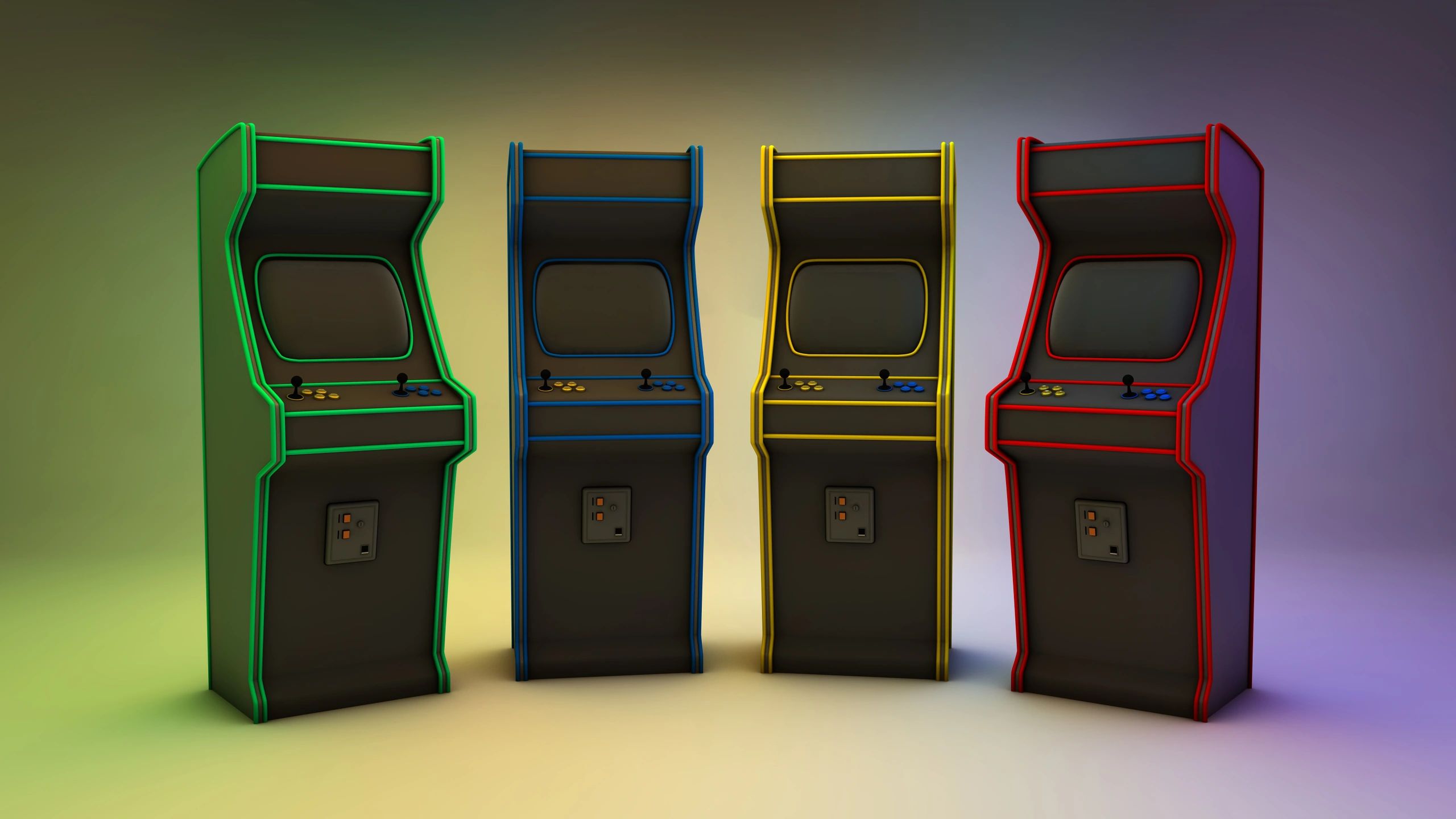 Four retro arcade machines with colorful outlines against a gradient background.