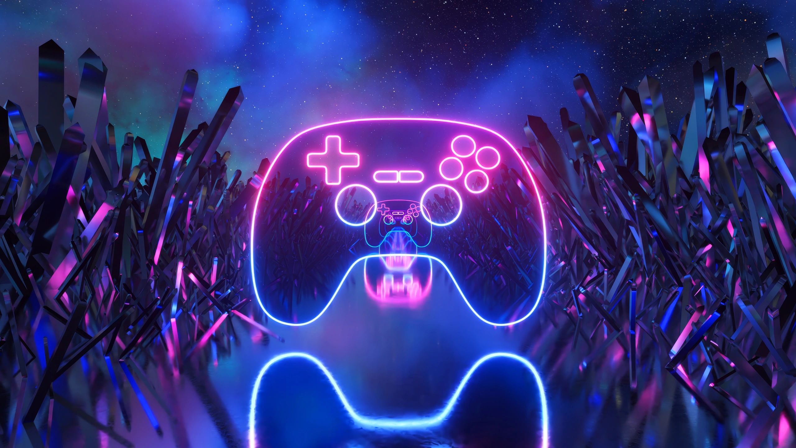 A neon-lit video game controller in a futuristic setting with glowing blue and purple hues.